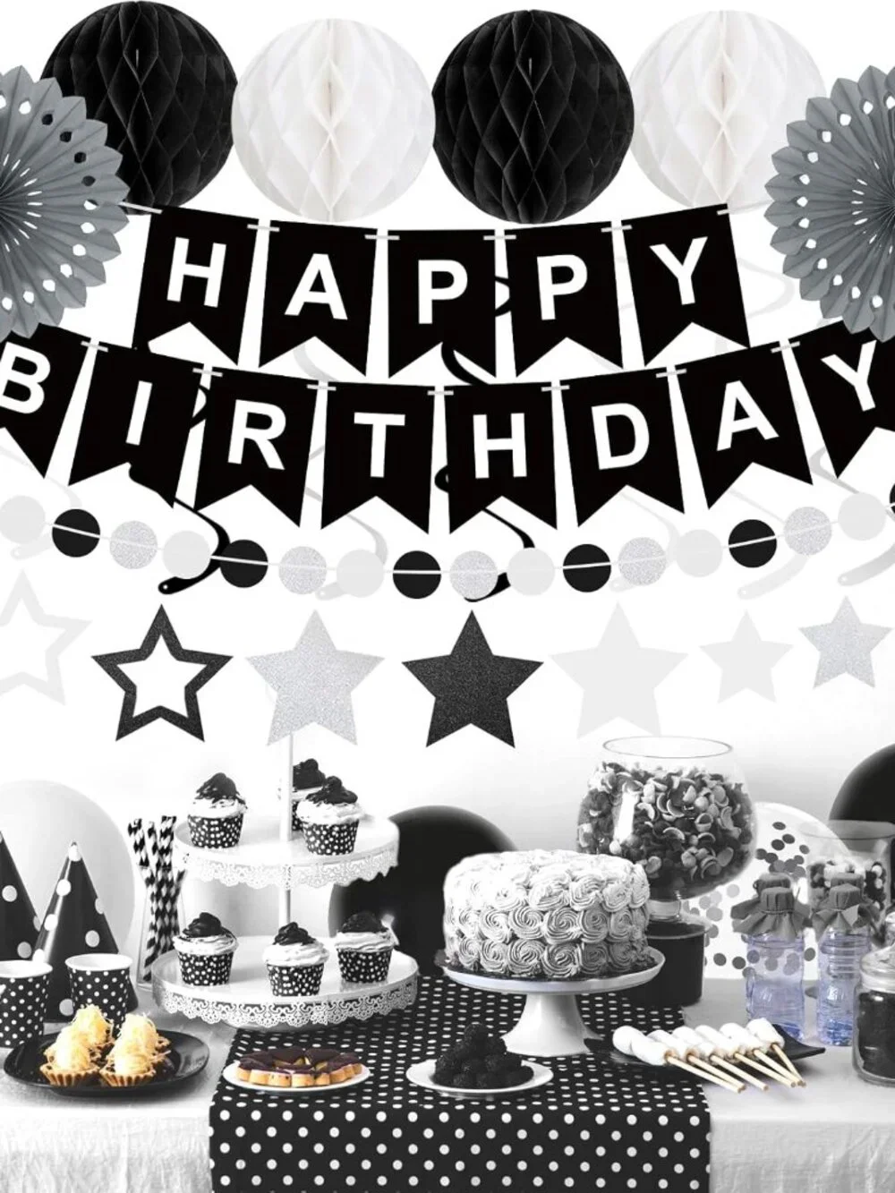 Black Silver White Birthday Party Decorations Kit Balloons Banner Adult Decor